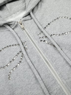 Rhinestone Bow-Graphic Boxy Zip-Up Hoodie