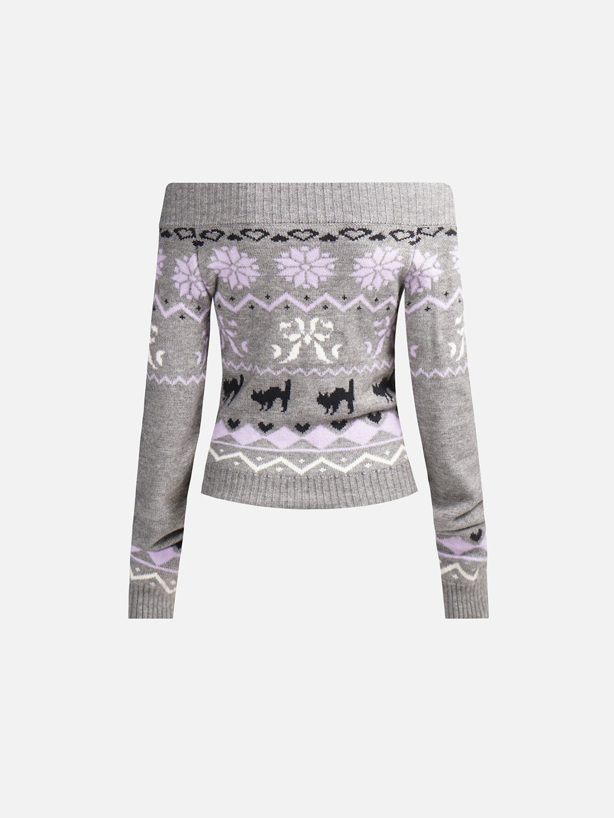 Cat & Snowflake Fair Isle Off-Shoulder Slim Knit Sweater