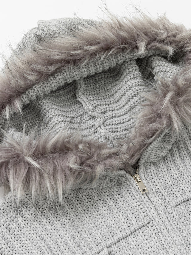 Faux-Fur Trim Hooded Distressed Chunky-Knit Boxy Cardigan
