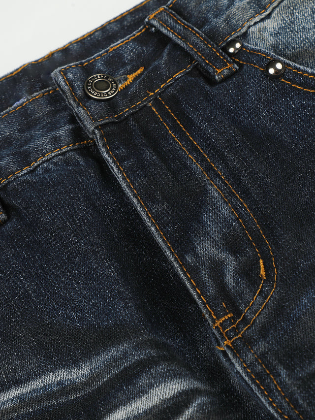 Studded-Pocket Whiskered Union-Jack Straight-Leg Jeans