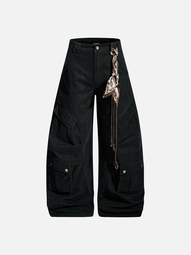 Bandana-Accented Multi-Pocket Stacked Cargo Baggy Pants