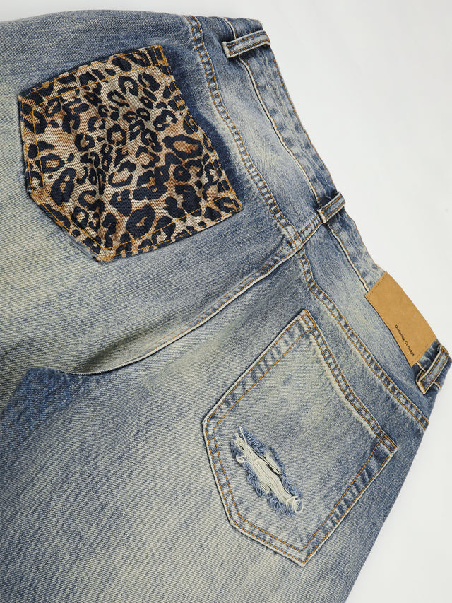 Leopard-Patch Distressed Washed Straight-Leg Jeans