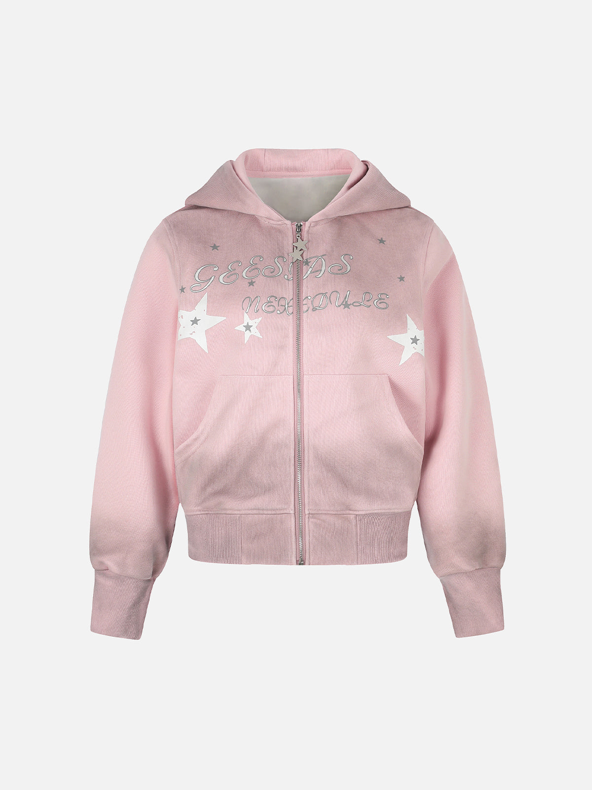 Star-Graphic Rhinestone-Trim Distressed Boxy Zip-Up Hoodie
