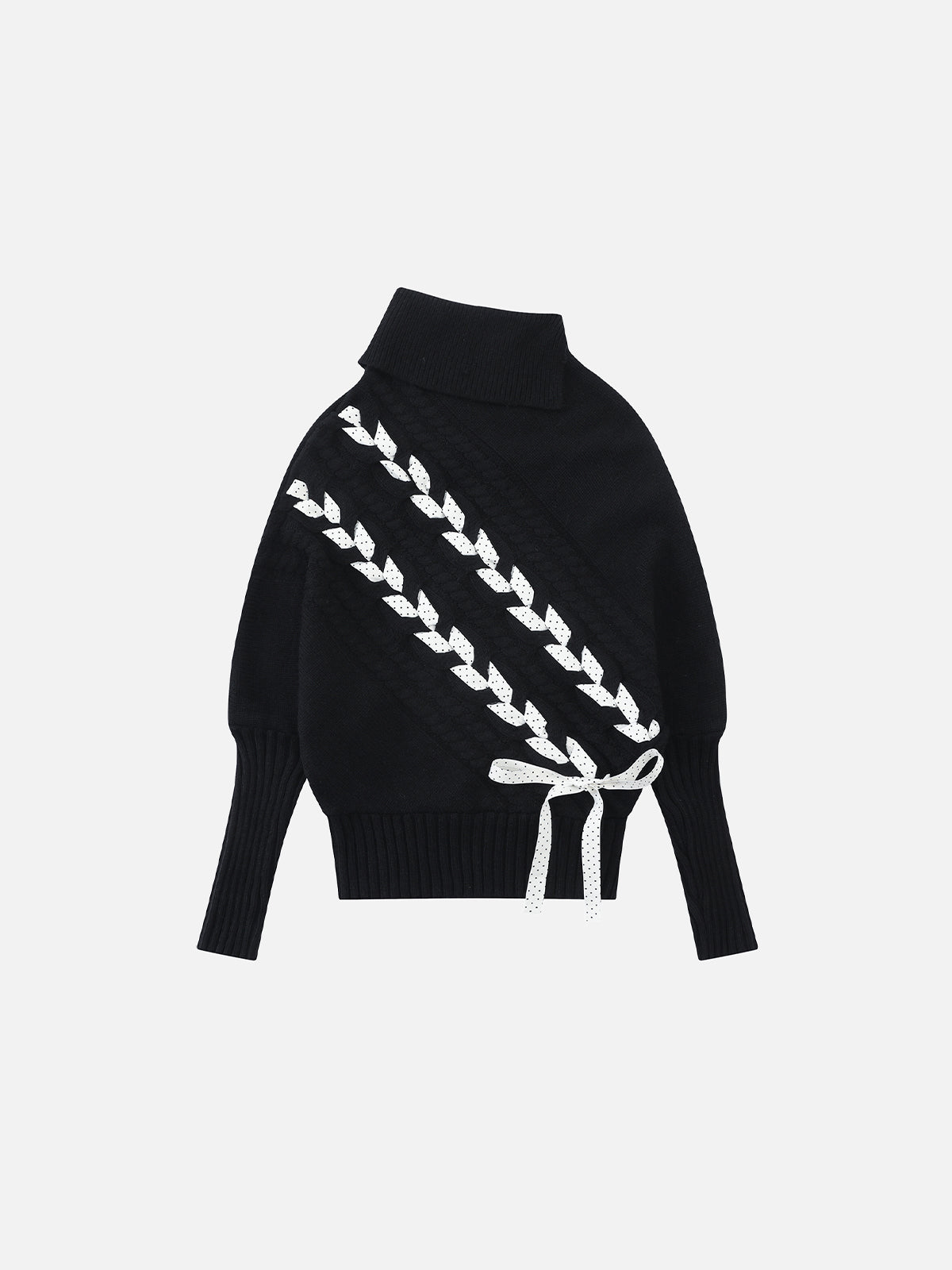 Ribbon-Woven Cable-Knit Asymmetrical Turtleneck Regular-Fit Sweater