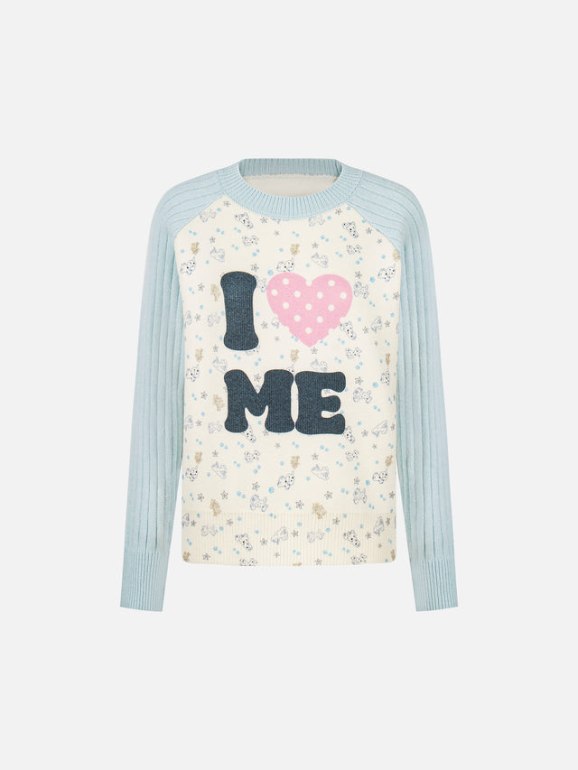 "I ♥ ME" Raglan Ribbed-Sleeve Jacquard Knit Sweater