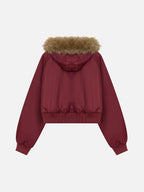 Faux-Fur Hood Eyelet-Accented Boxy Bomber Jacket