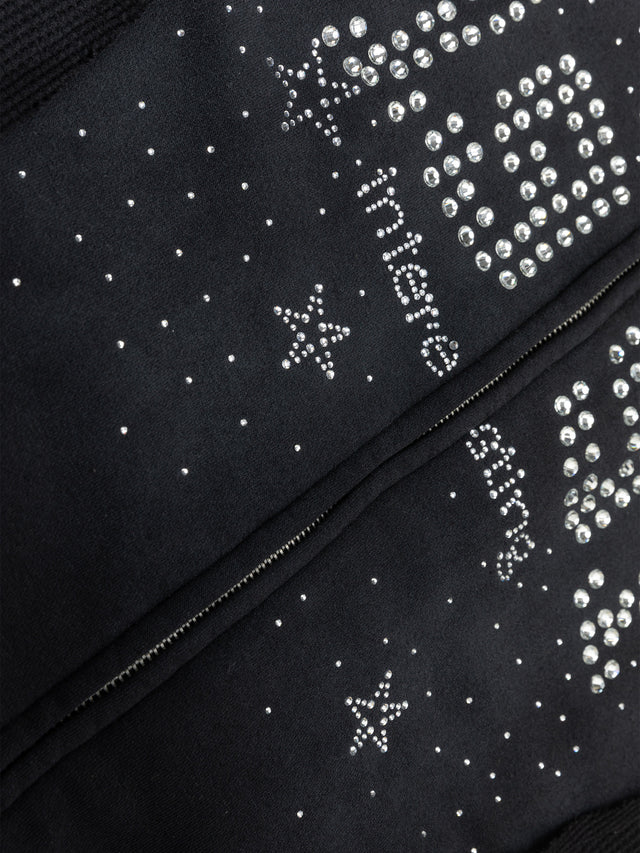 Rhinestone "1991" Rib-Knit Panelled Oversized Zip Bomber Jacket