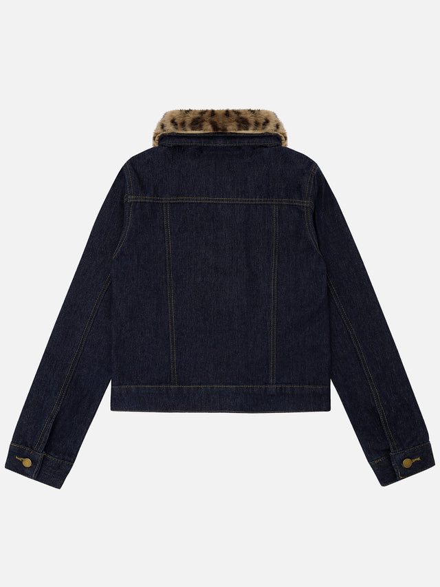 Double-Breasted Faux-Fur Collar Boxy Denim Jacket