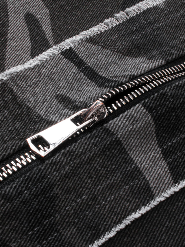 Raw-Edge Seam Camouflage Multi-Zip Oversized Denim Hoodie