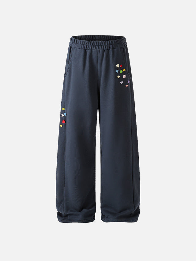 Novelty Button-Embellished Curved-Seam Baggy Barrel Sweatpants