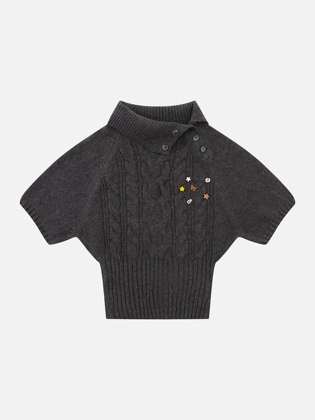 Wool-Blend Cable-Knit Asymmetrical-Collar Slim-Fit Short-Sleeve Sweater