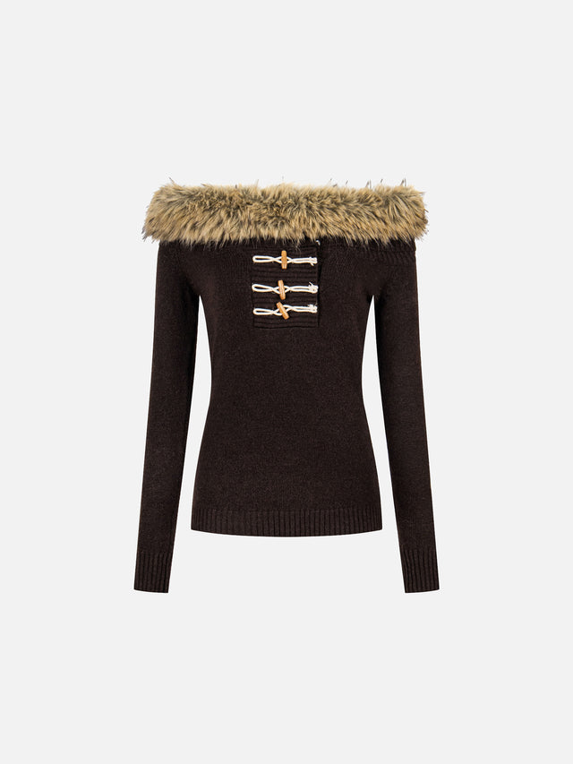 Faux-Fur-Trim Toggle Off-Shoulder Slim Knit Sweater