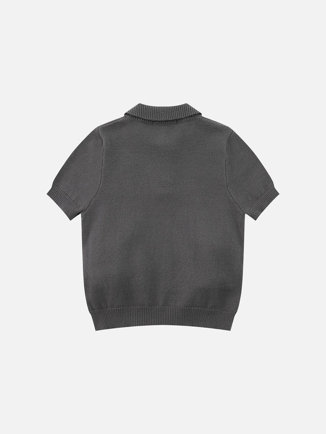 Star-Embroidered Bow-Pocket Boxy Knit Polo Shirt