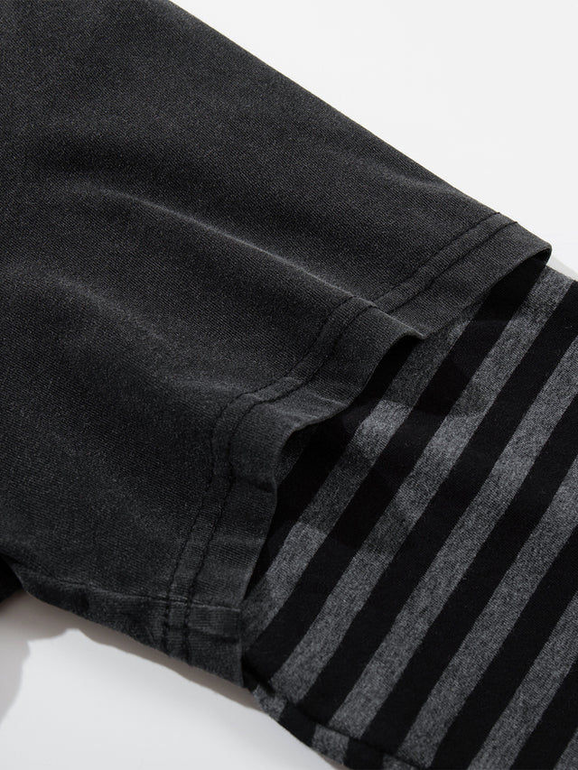 Striped Double-Layer Distressed Graphic Oversized Long-Sleeve T-Shirt