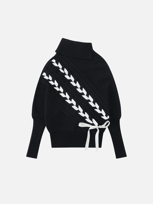 Ribbon-Woven Cable-Knit Asymmetrical Turtleneck Regular-Fit Sweater