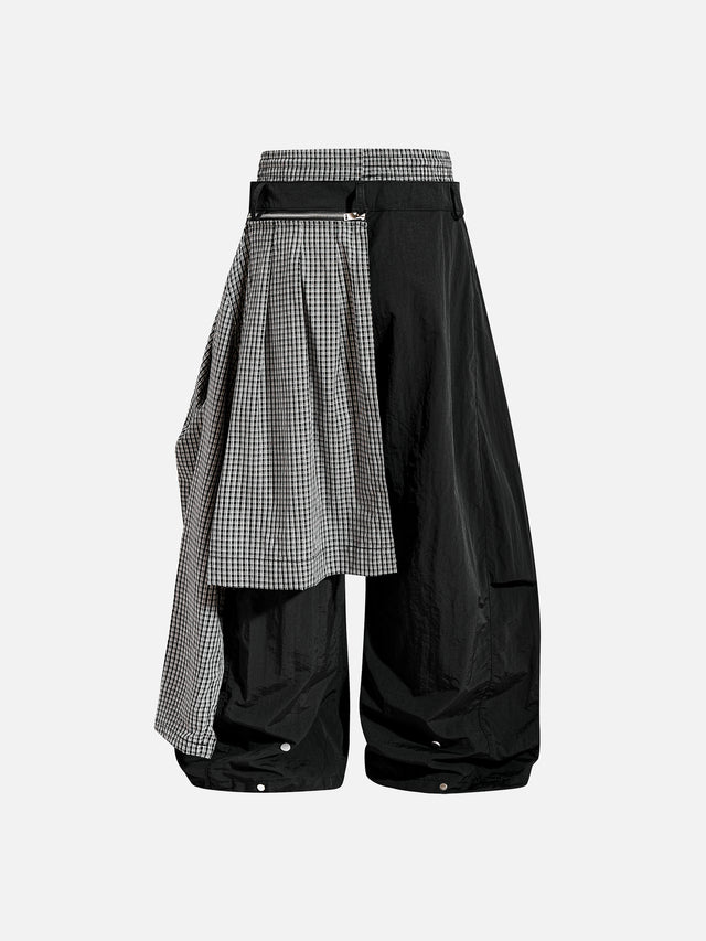 Plaid-Panel Asymmetric Double-Waistband Super Baggy Parachute Pants