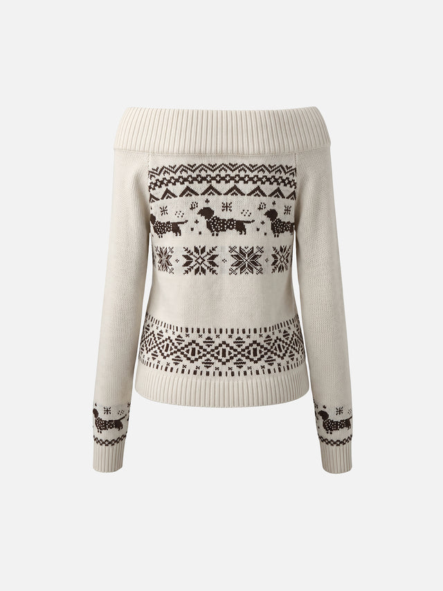 Fair Isle Dachshund Pattern Fold-Over Off-Shoulder Slim Knit Sweater