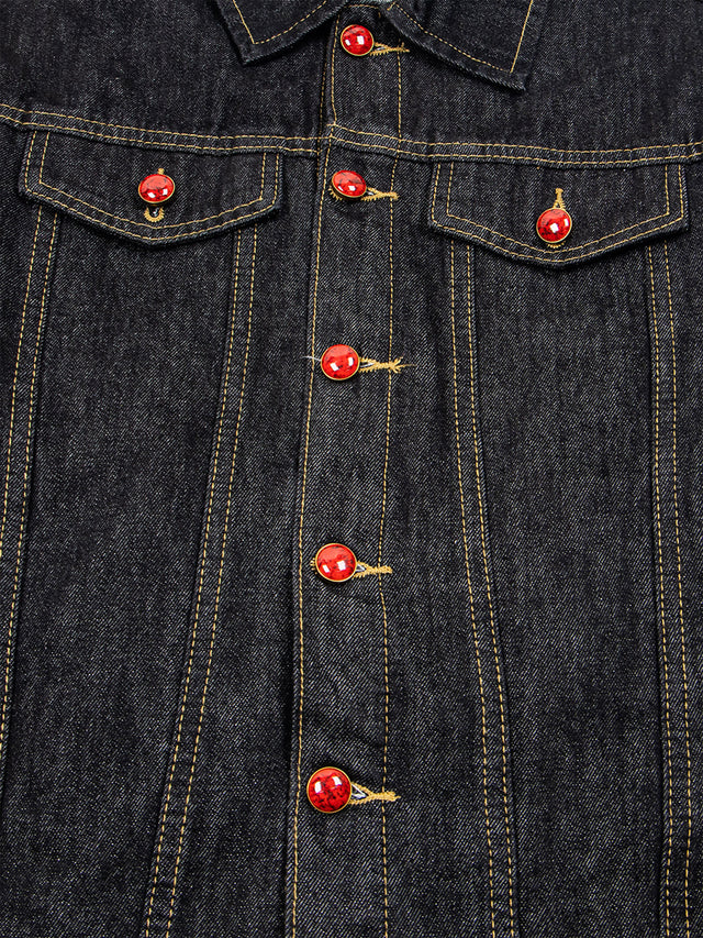Red Gemstone-Button Contrast-Stitch Boxy Denim Jacket