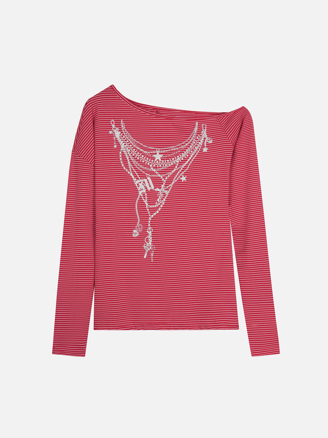Striped Off-Shoulder Chain-Graphic Loose Long-Sleeve Top