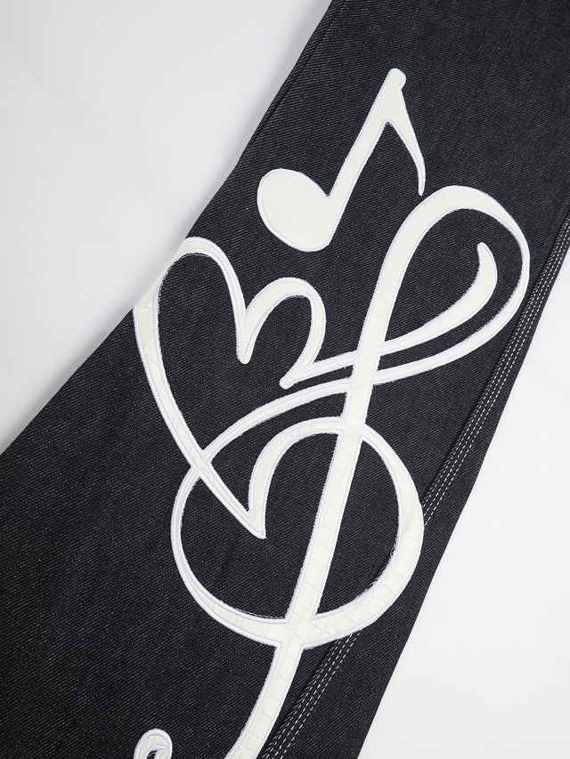 Musical Clef MP3 Earphone Graphic Contrast-Pocket Straight Denim Jeans