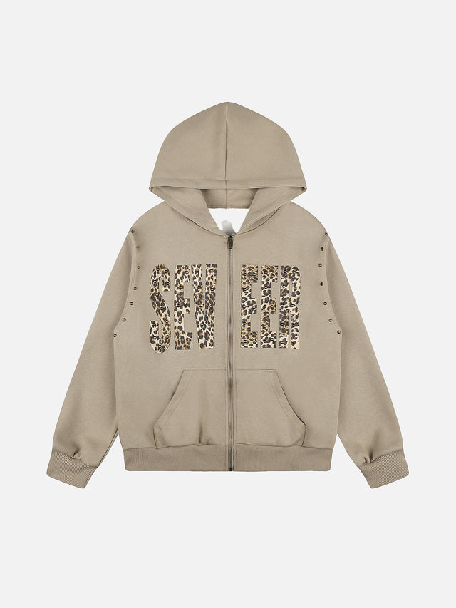 Leopard-Print Lettering Oversize Zip-Up Hoodie
