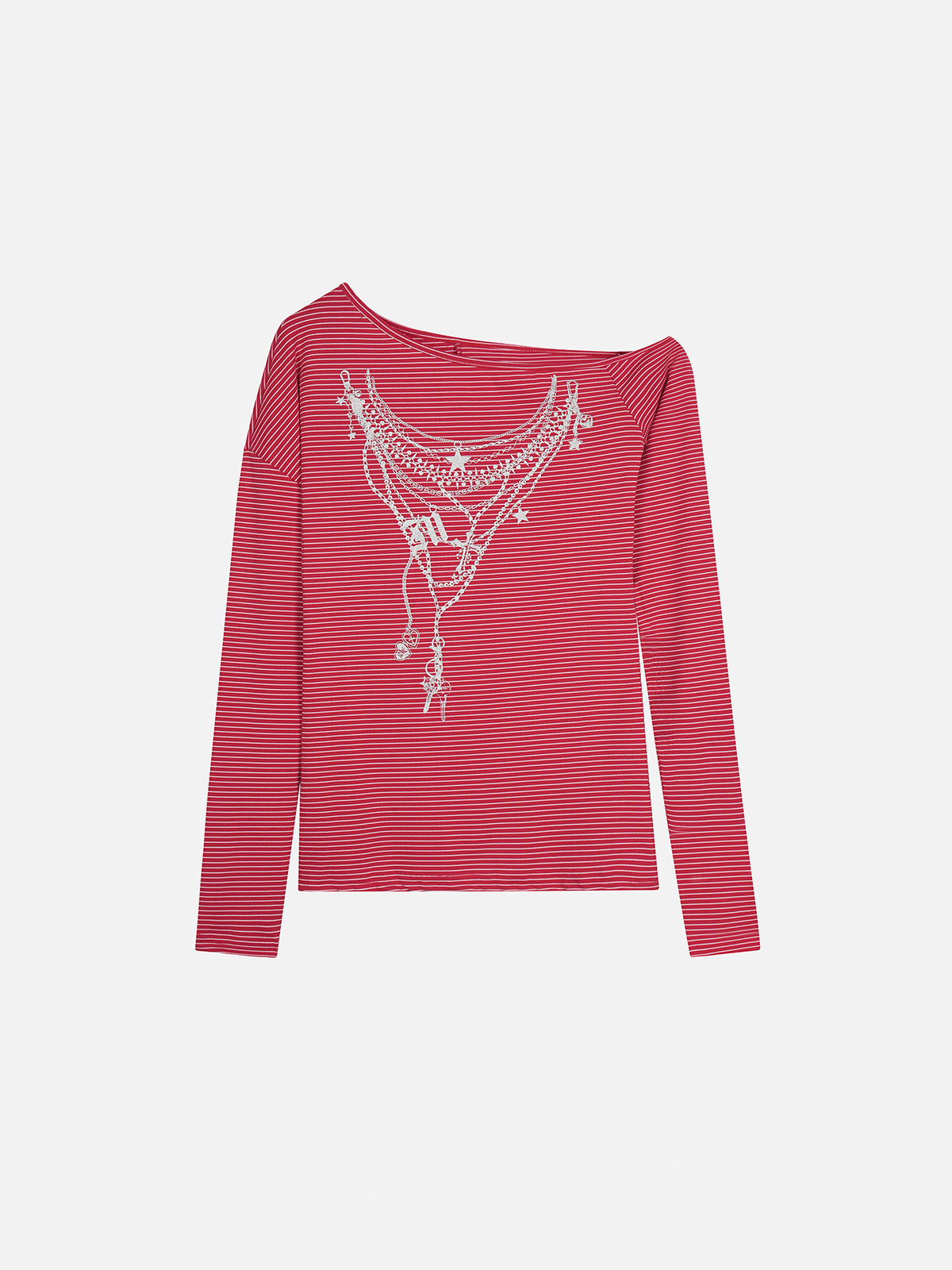 Striped Off-Shoulder Chain-Graphic Loose Long-Sleeve Top