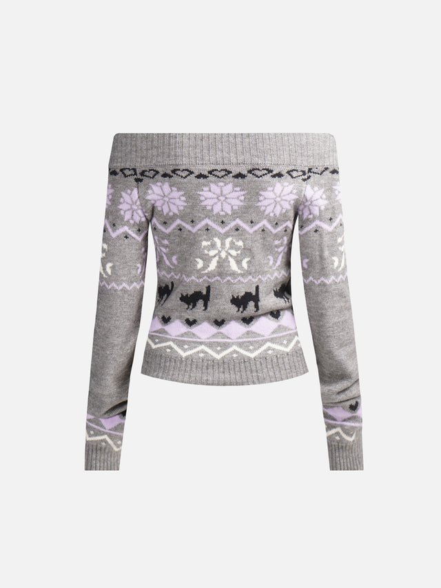 Cat & Snowflake Fair Isle Off-Shoulder Slim Knit Sweater