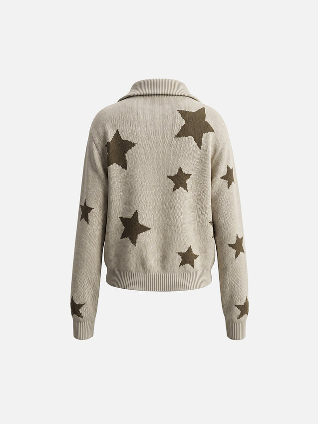 All-Over Star Jacquard Spread Collar Boxy Knit Cardigan