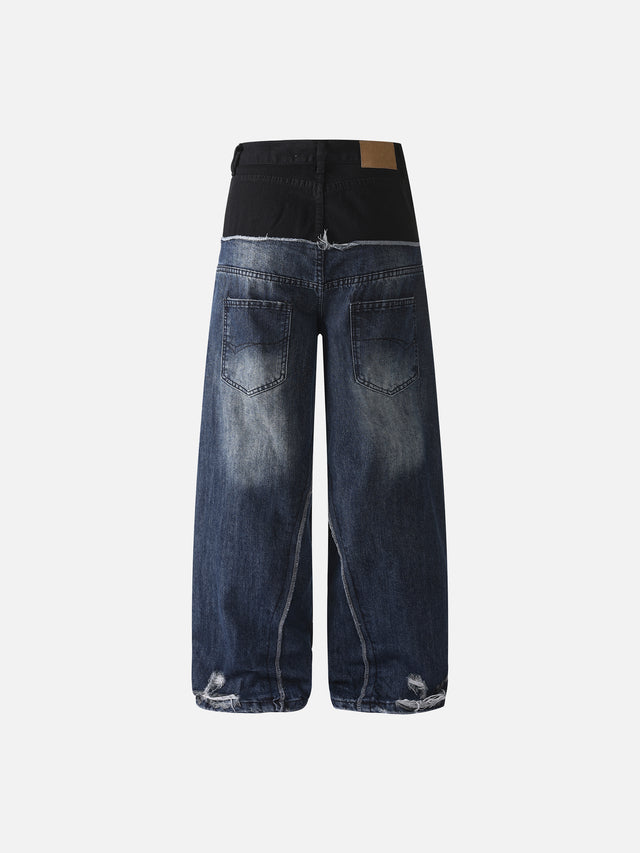 Colorblock Two-Tone Beaded Braided Cord Baggy Barrel Jeans
