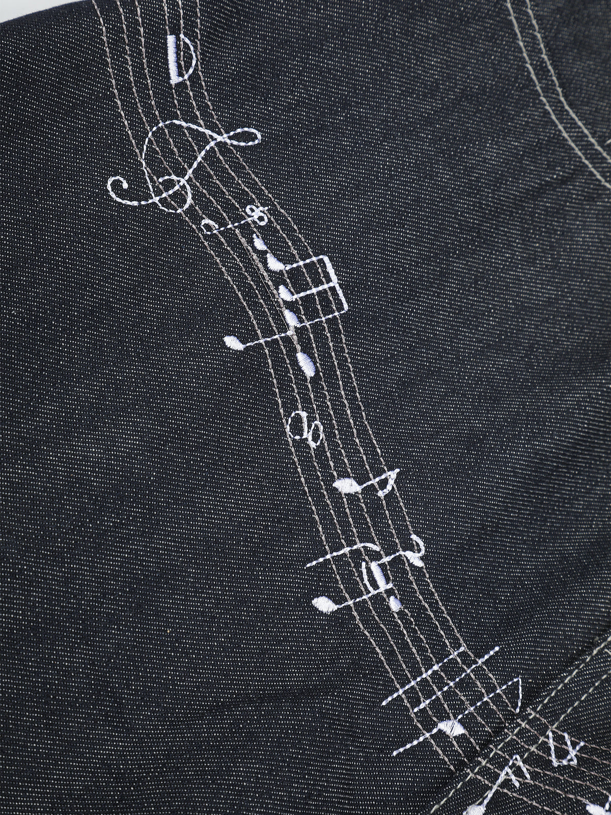 Musical-Staff Embroidery Cinch-Back Straight-Leg Jeans