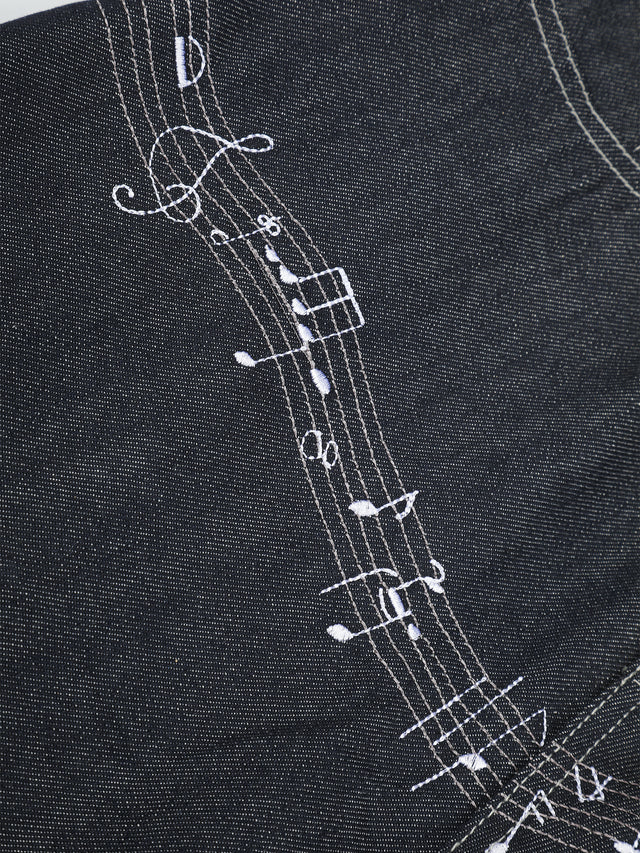 Musical-Staff Embroidery Cinch-Back Straight-Leg Jeans