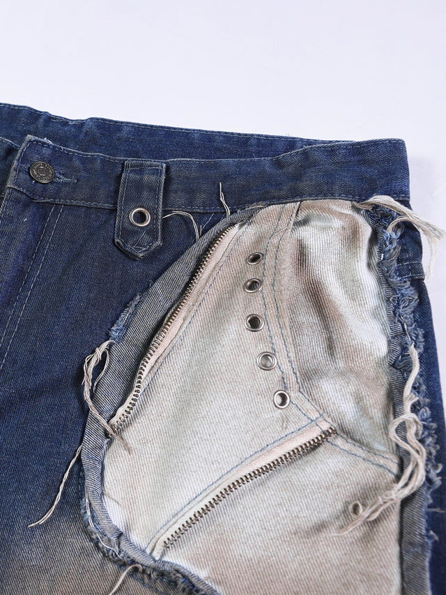 Deconstructed Distressed Lace-Up Cargo Straight Denim Pants