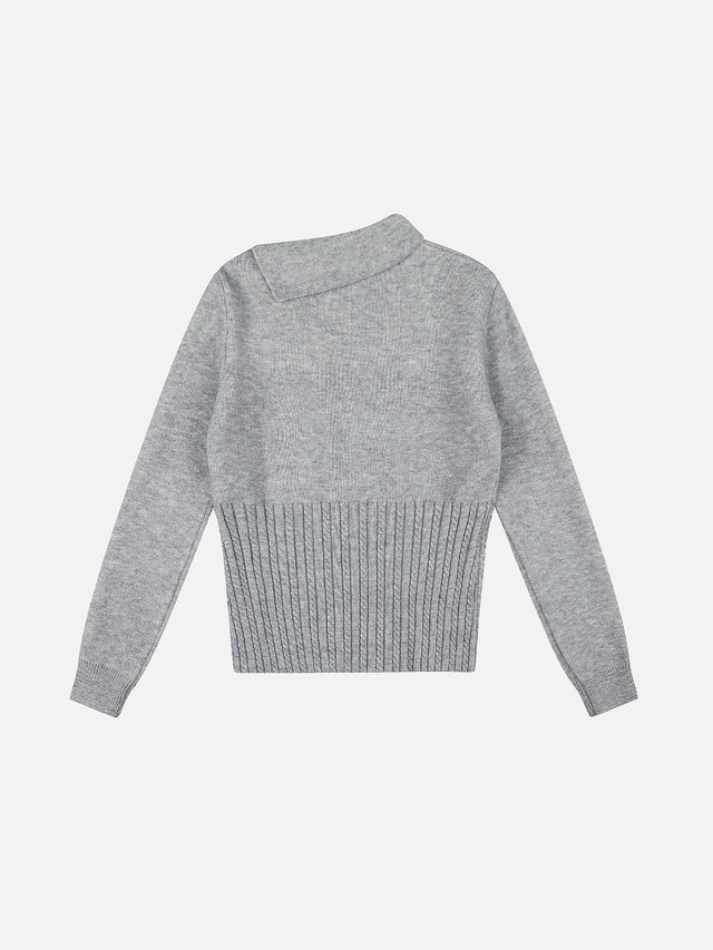 Bunny Argyle Jacquard Asymmetrical Foldover Collar Cable-Waist Slim Knit Sweater