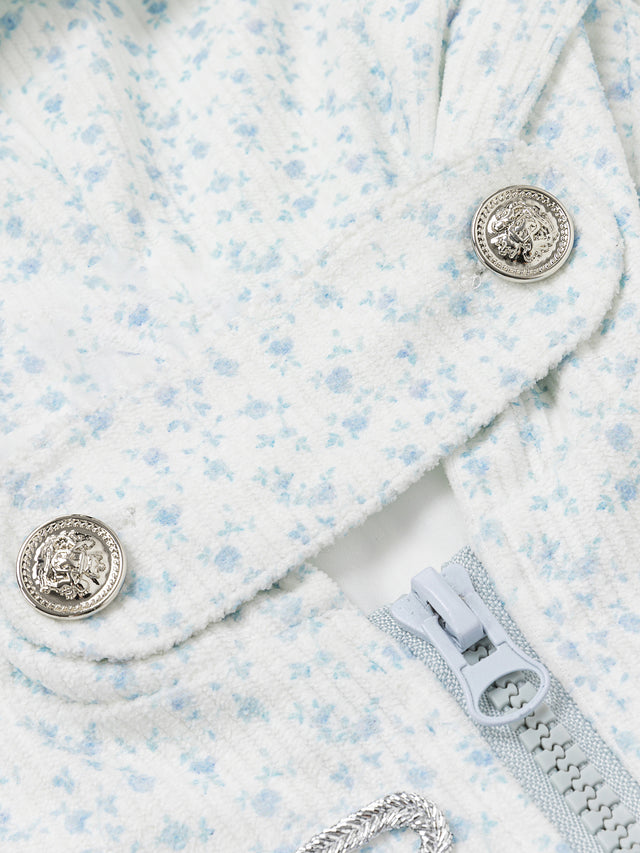 Floral Military-Braided Zip-Up Oversized Hooded Jacket