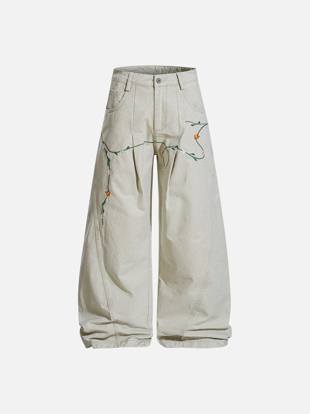 Floral-Vine Embroidered Washed Curved-Seam Baggy Pants