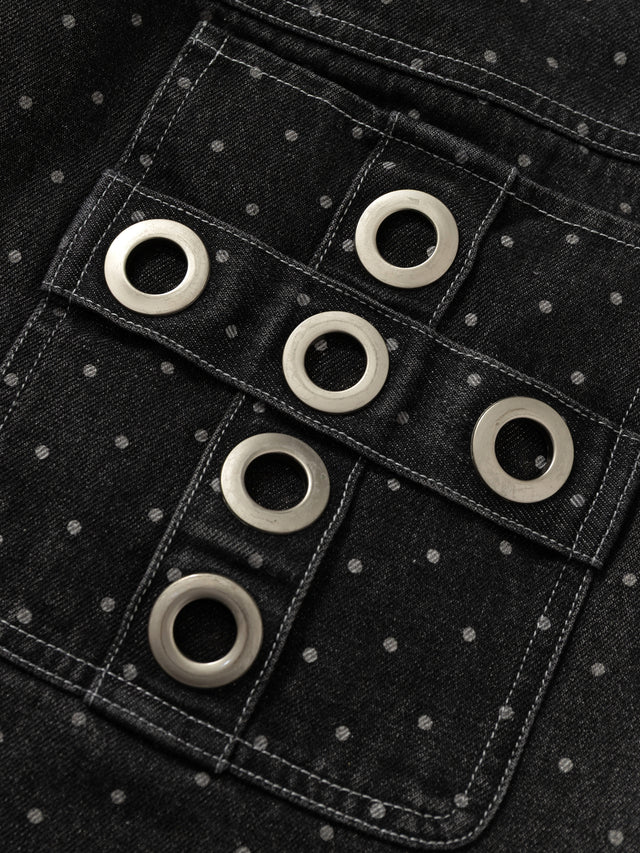 Polka-Dot Eyelet Grommet Lace-Belt Wide-Leg Denim Jorts