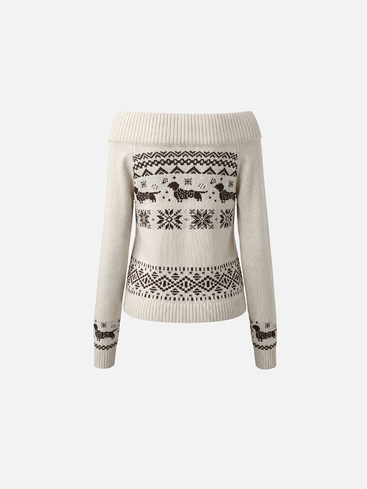 Fair Isle Dachshund Pattern Fold-Over Off-Shoulder Slim Knit Sweater