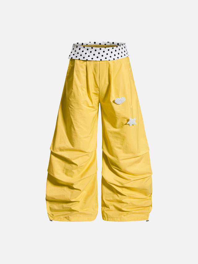 Polka-Dot Double-Waistband Patch Detail Baggy Parachute Pants