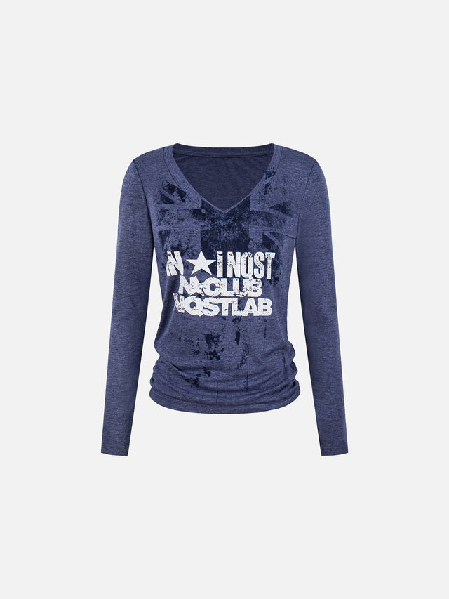 Vintage Graphic V-Neck Long-Sleeve Top