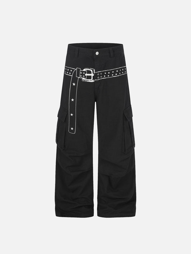Washed Belt-Print Straight-Leg Cargo Jeans