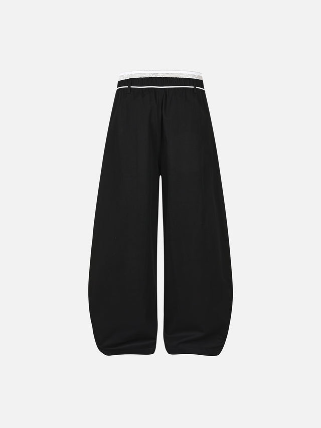 Lace Double-Waistband Contrast-Piping Baggy Barrel Pants