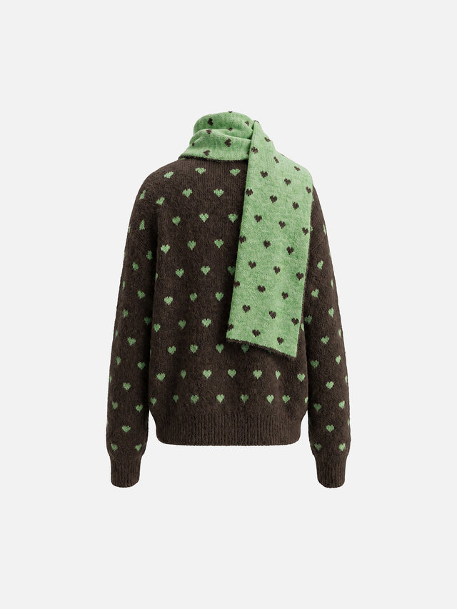 All-Over Heart Jacquard V-Neck Sweater With Matching Knit Scarf Set