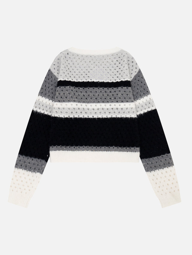 Pointelle Striped Knit Boxy Cardigan With Scarf Set