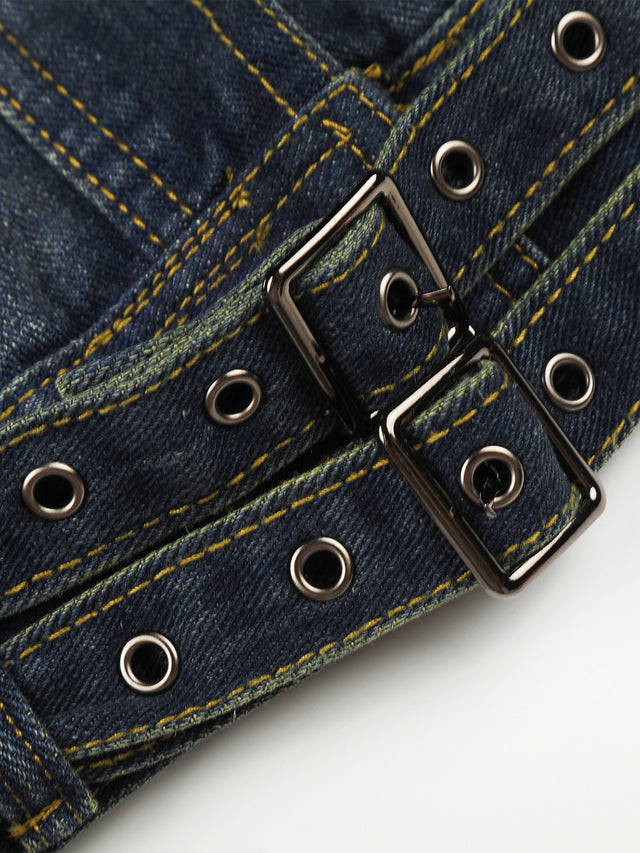 Buckled Eyelet-Belt Washed Boxy Denim Jacket