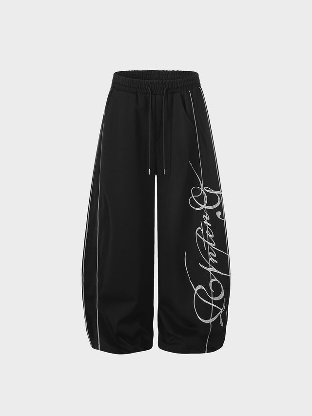 Reflective Piping Cursive Script Embroidered Baggy Sweatpants