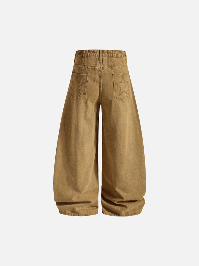 Curved-Panel Seam Star-Embroidered Baggy Denim Jeans