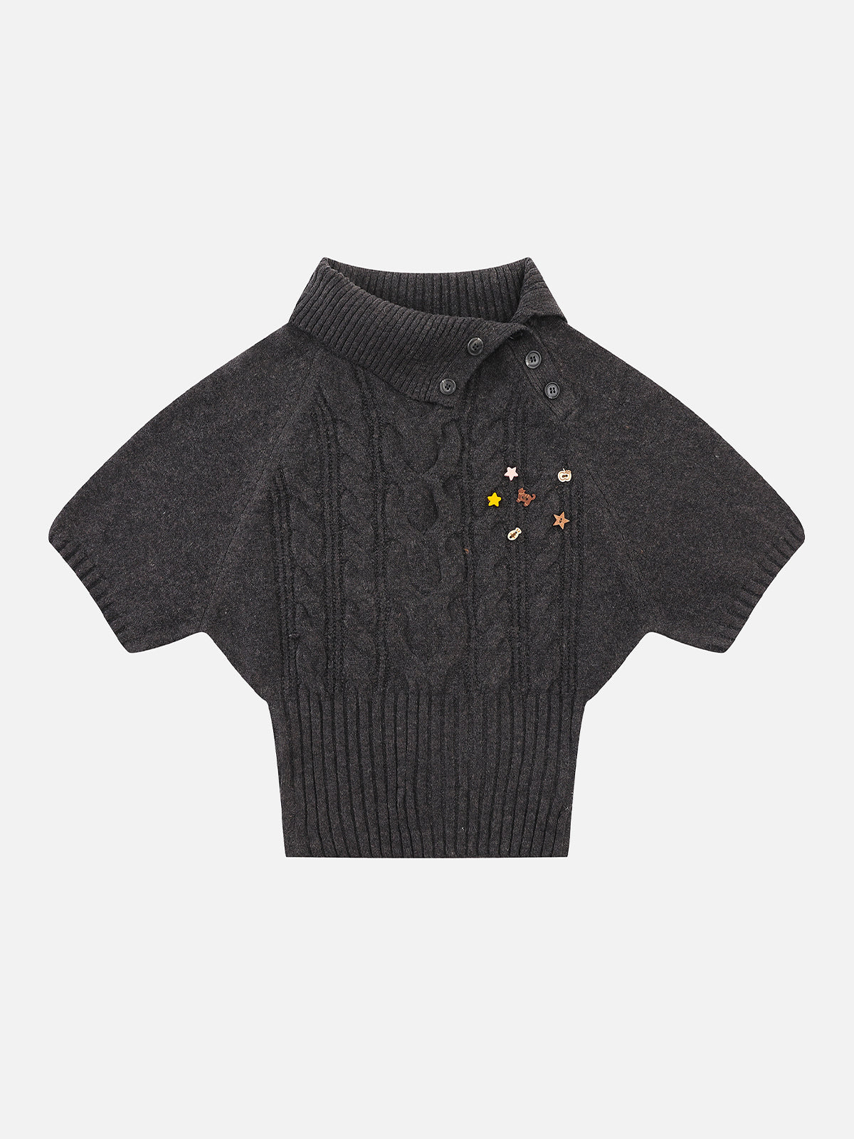 Wool-Blend Cable-Knit Asymmetrical-Collar Slim-Fit Short-Sleeve Sweater