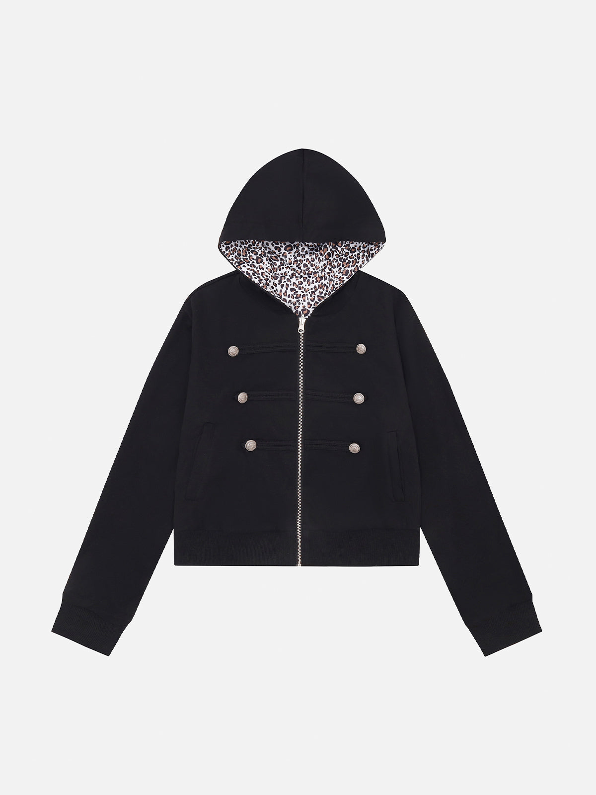 Leopard-Back Military-Button Reversible-Look Boxy Zip Hoodie
