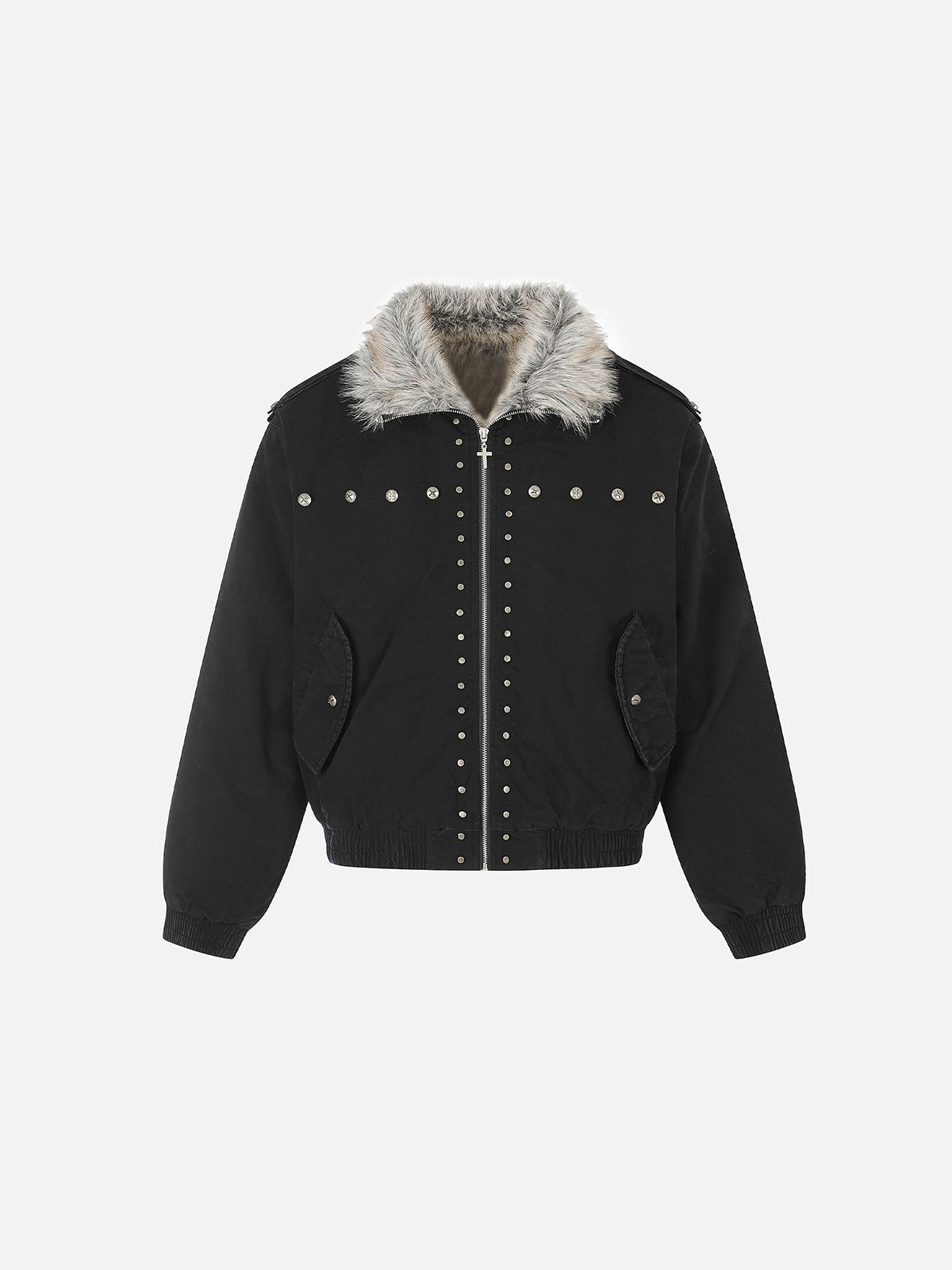 Faux-Fur Collar Cross-Studded Military Boxy Bomber Jacket
