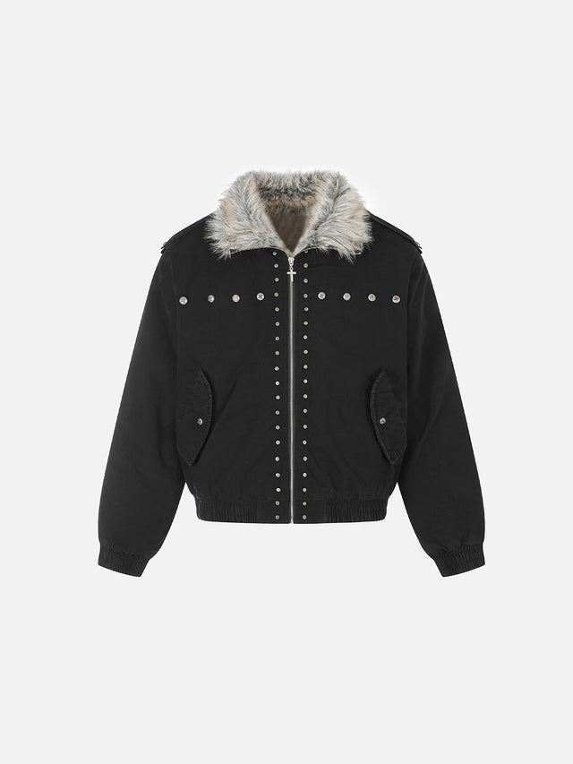 Faux-Fur Collar Cross-Studded Military Boxy Bomber Jacket